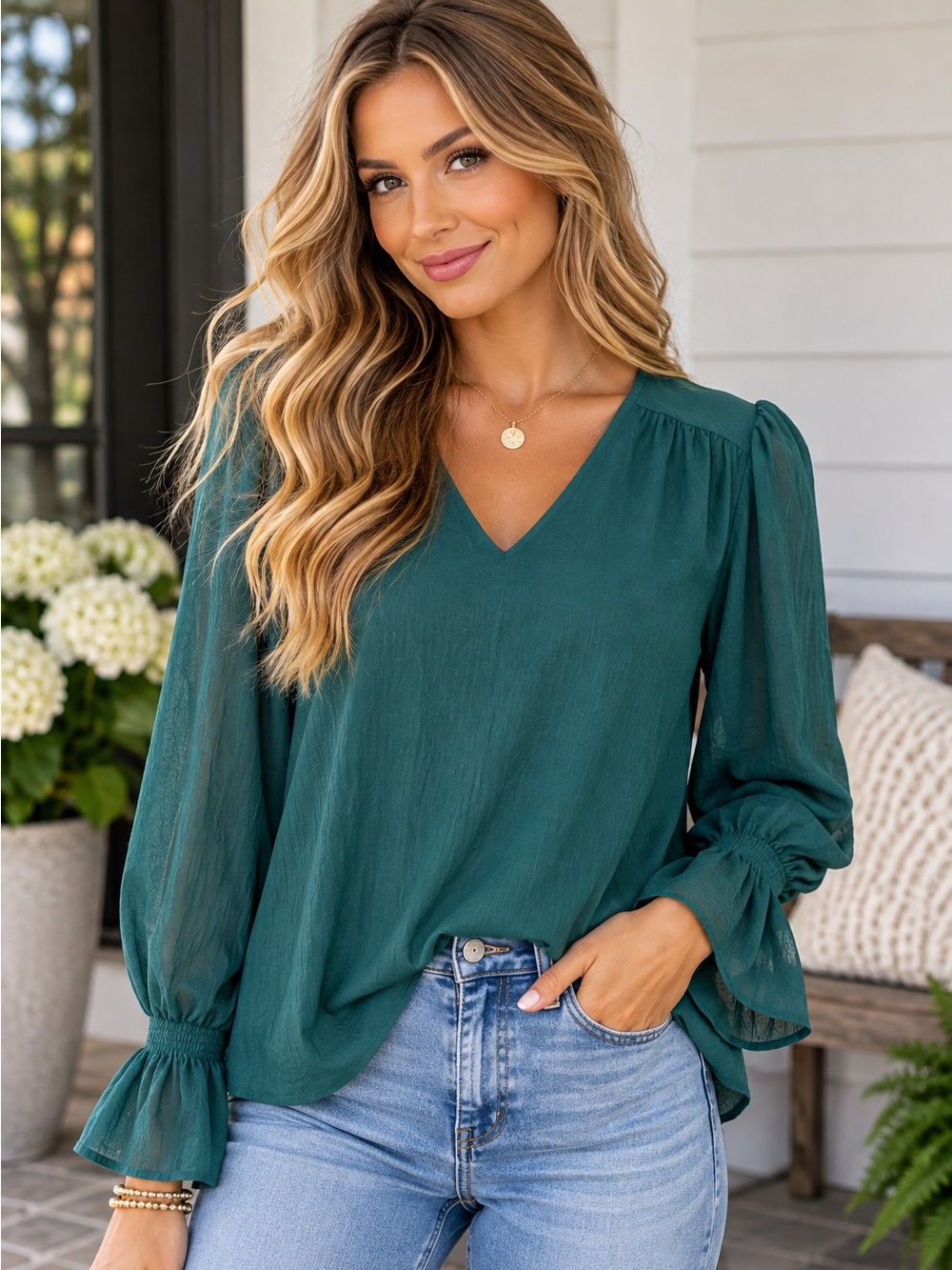 Entro V-Neck Smocked Cuff Ruffle Hem Long Sleeve Blouse Size Small